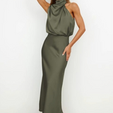 Satin Draped Halter Neck Midi Dress