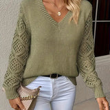 V-Neck Knit Sweater with Crochet Sleeves
