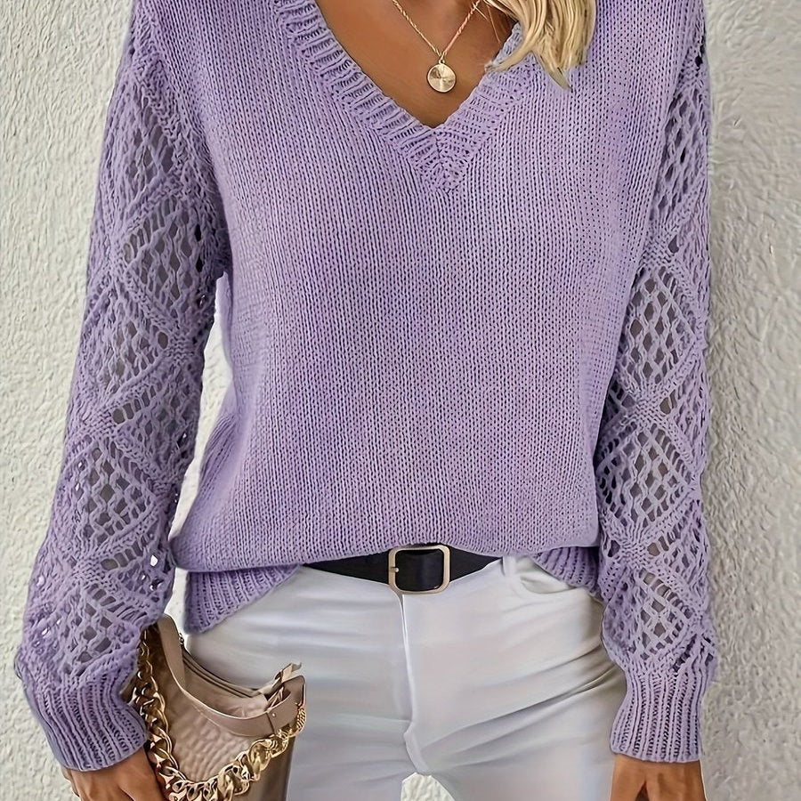 V-Neck Knit Sweater with Crochet Sleeves