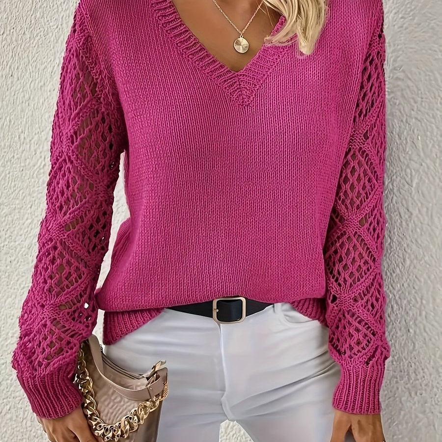 V-Neck Knit Sweater with Crochet Sleeves