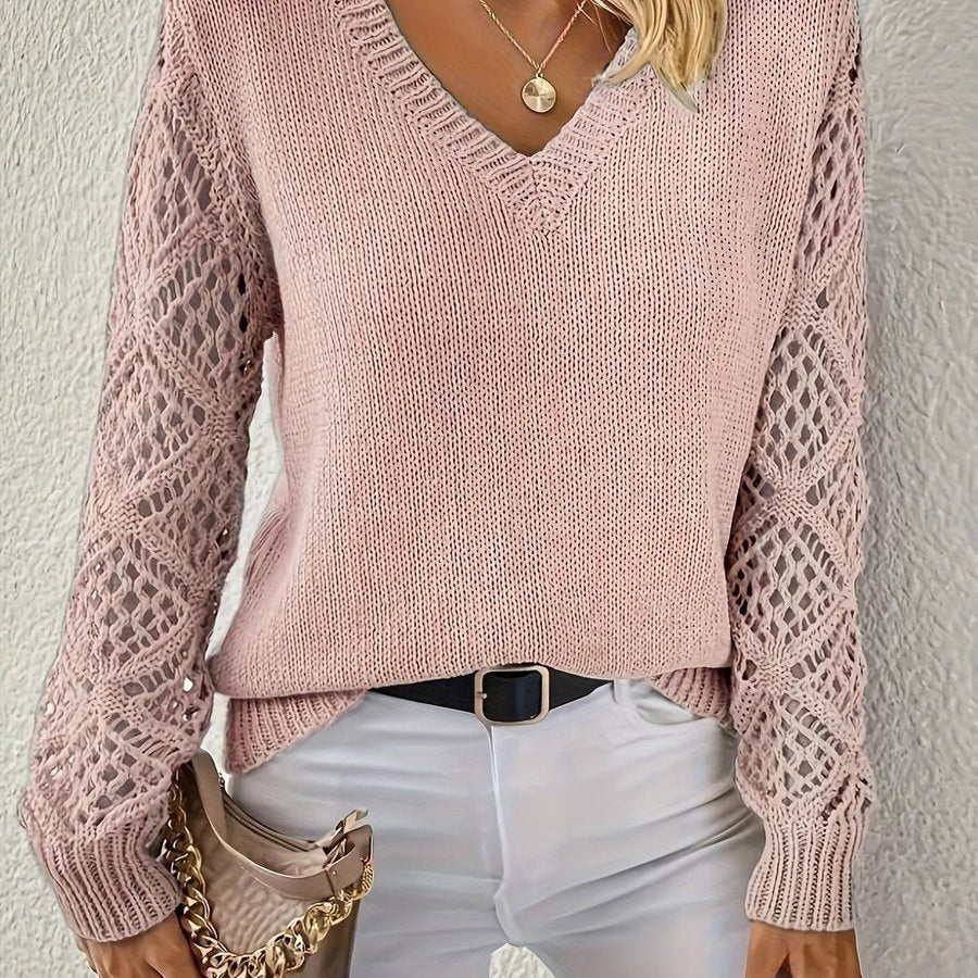 V-Neck Knit Sweater with Crochet Sleeves