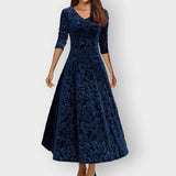 Women's Wedding Guest Midi Dress with Floral Velvet-Look Pattern and Long Sleeves