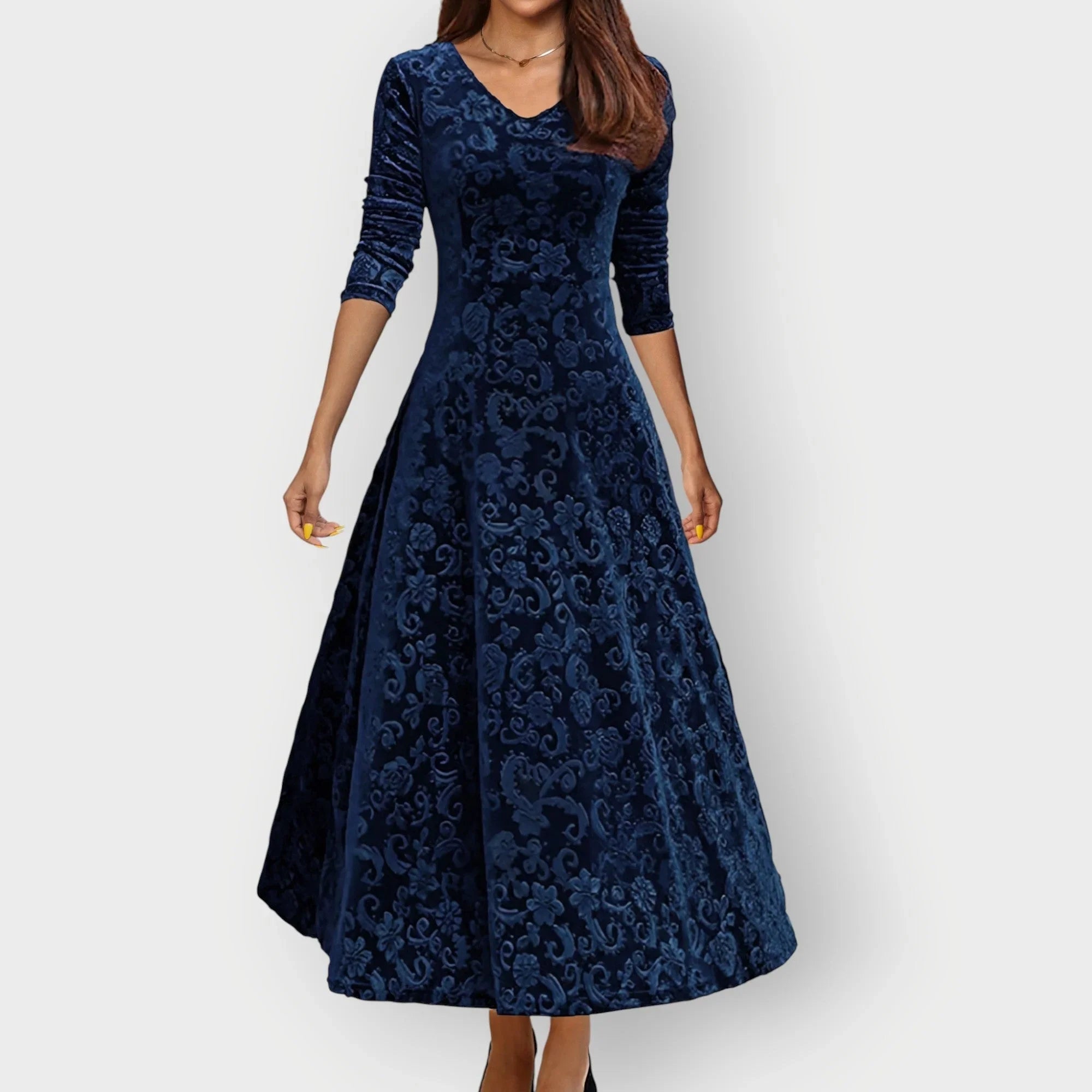 Women's Wedding Guest Midi Dress with Floral Velvet-Look Pattern and Long Sleeves