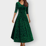 Women's Wedding Guest Midi Dress with Floral Velvet-Look Pattern and Long Sleeves