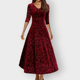 Women's Wedding Guest Midi Dress with Floral Velvet-Look Pattern and Long Sleeves