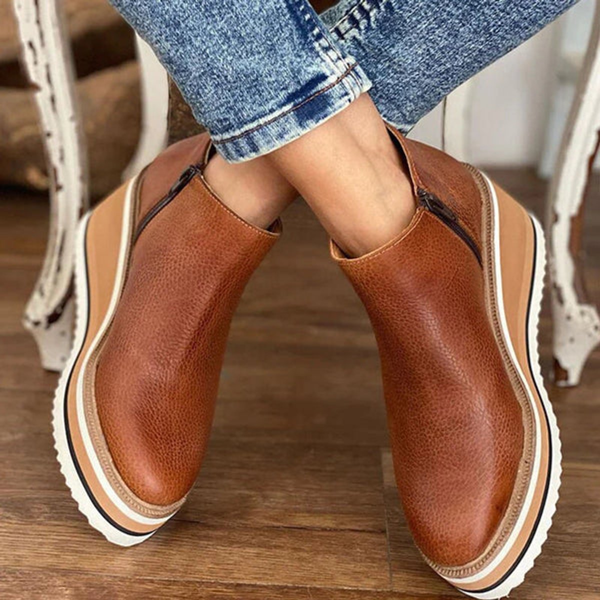 Platform Wedge Ankle Boots with Side Zip