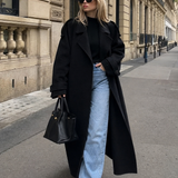 Double-Breasted Wool Trench Coat with Belt and Lapel Collar