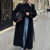 Double-Breasted Wool Trench Coat with Belt and Lapel Collar