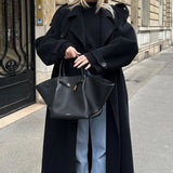 Double-Breasted Wool Trench Coat with Belt and Lapel Collar