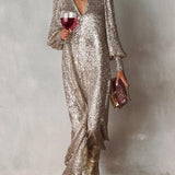 Party Dresses – Women's Sequin Maxi Dress with V Neck and Long Sleeves for Evening Wear
