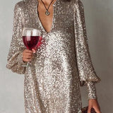 Party Dresses – Women's Sequin Maxi Dress with V Neck and Long Sleeves for Evening Wear