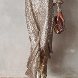 Party Dresses – Women's Sequin Maxi Dress with V Neck and Long Sleeves for Evening Wear